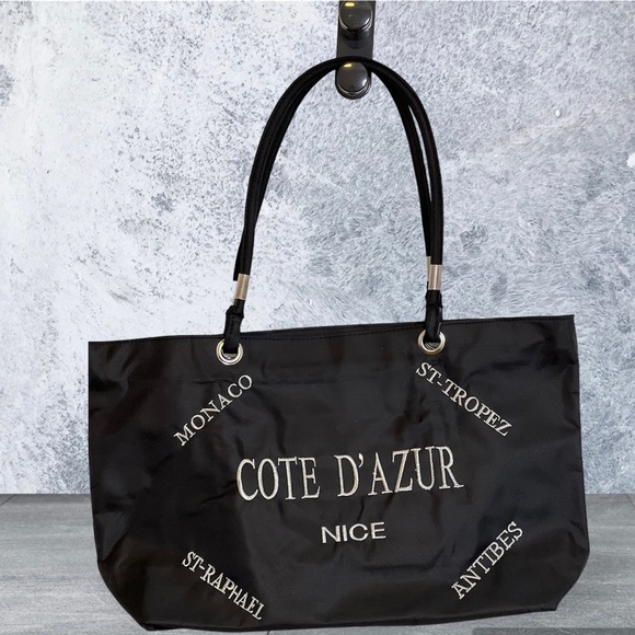 French Riviera Cote D’AZUR Black Nylon Tote Bag lg NEW - Picture 1 of 7